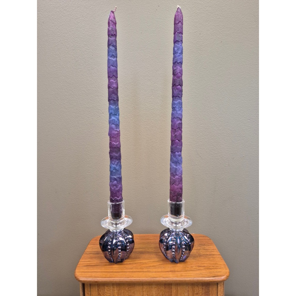 World Gift Vintage 15" Handmade Drip Taper Candles Purple Blue Ombre  Pair Boxed